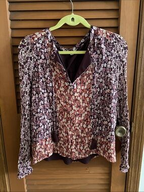 Lucky Brand Mixed Floral V-Neck Blouse in Burgundy and Cream